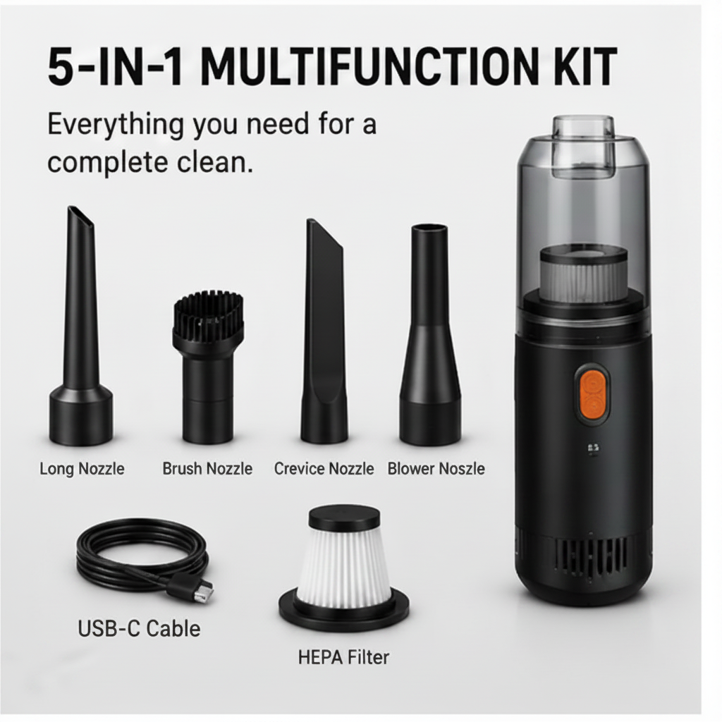 TurboClean™ 5-in-1 Portable Car Vacuum & Air Blower Kit